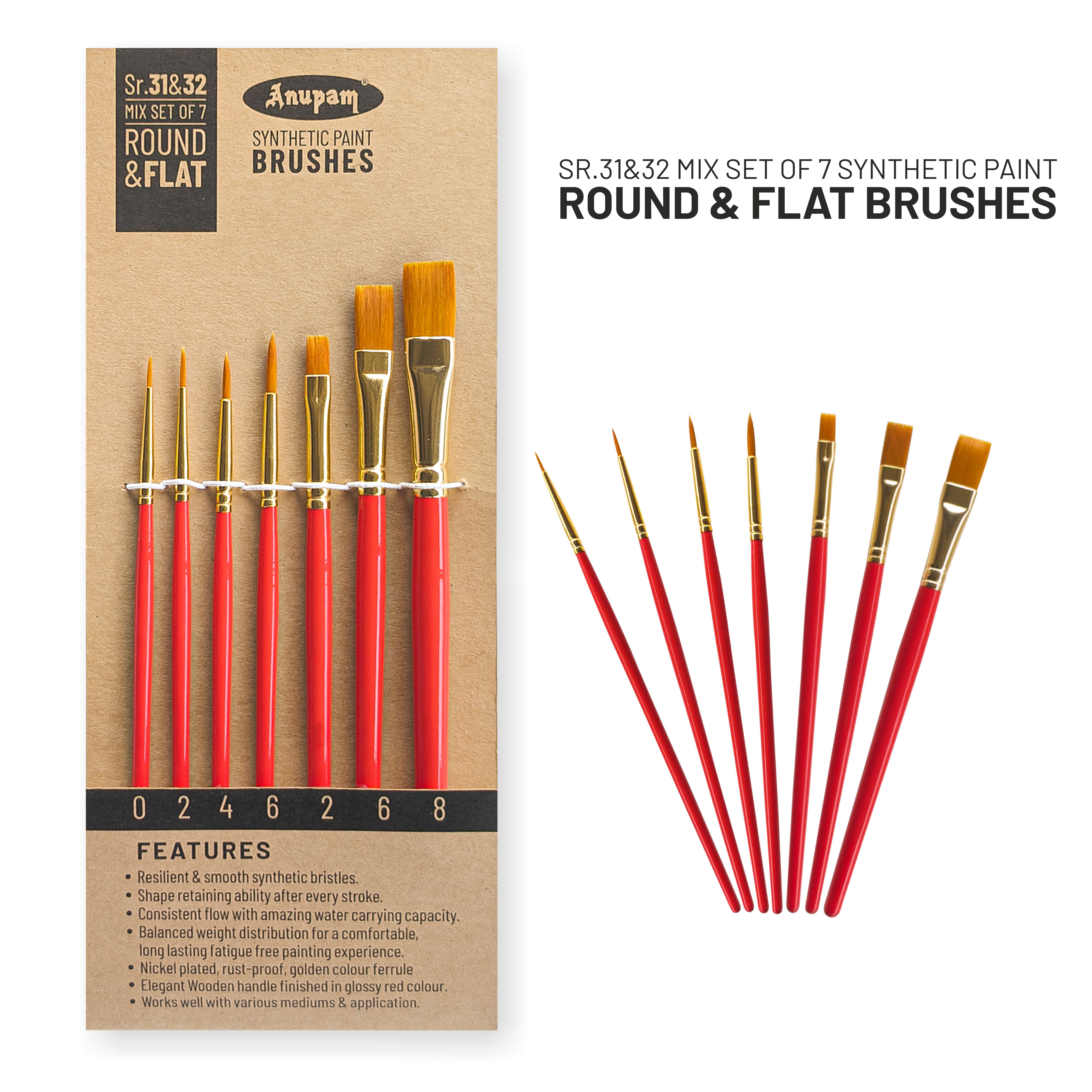 Anupam Round and Flat Synthetic Mix Painting Brush Set of 7pc Short Handle Painting Brush for Watercolor, Acrylic & One Stroke Painting (Sr. 31 & 32)